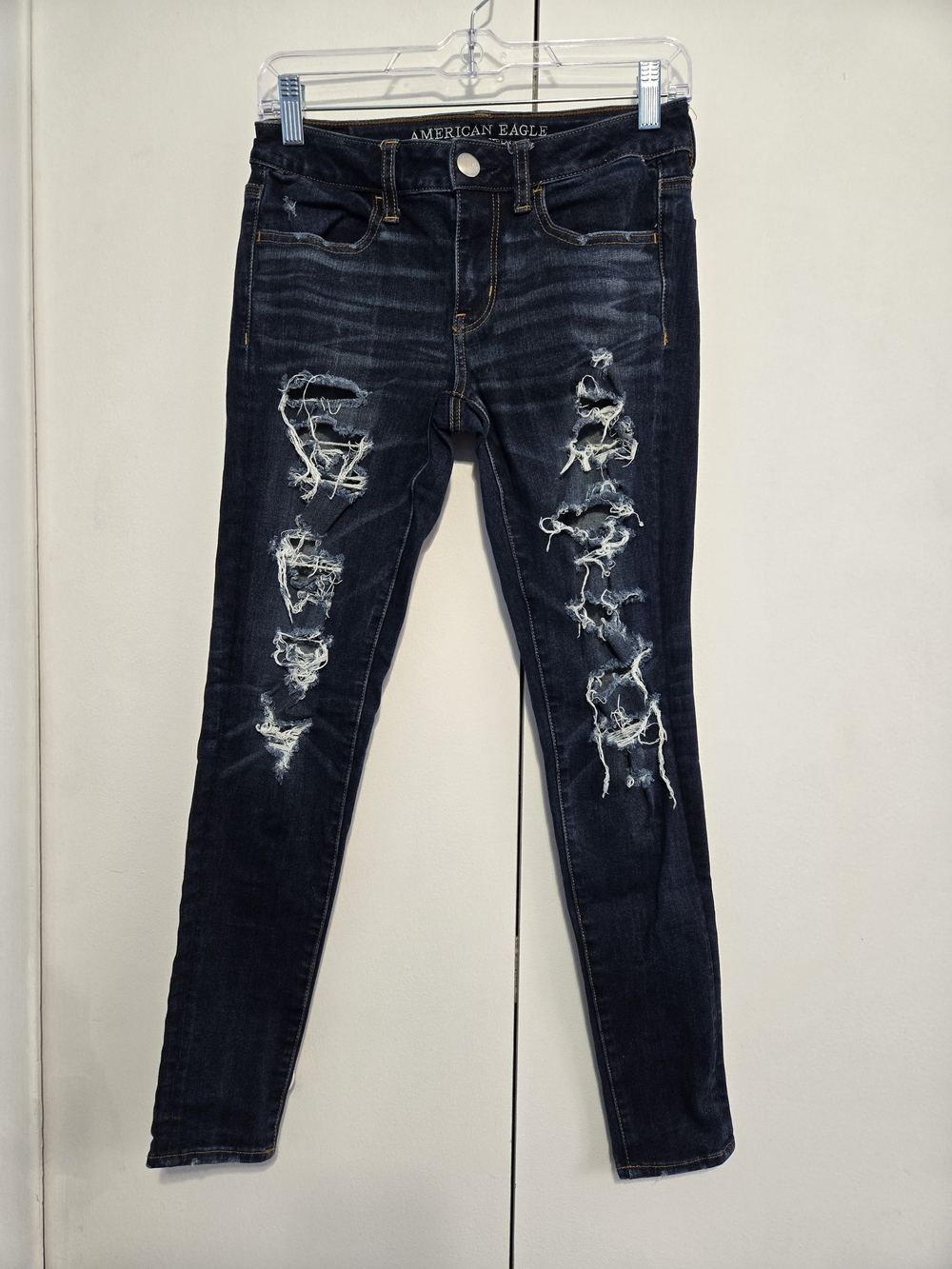 American Eagle Distressed Jegging Jeans Dark Wash Size 4 360 Stretch